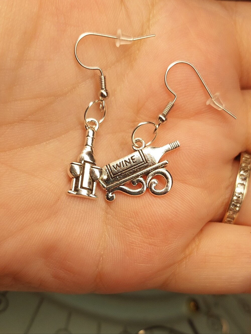 Handmade Silver Wine Bottle & Corkscrew Dangle Earrings